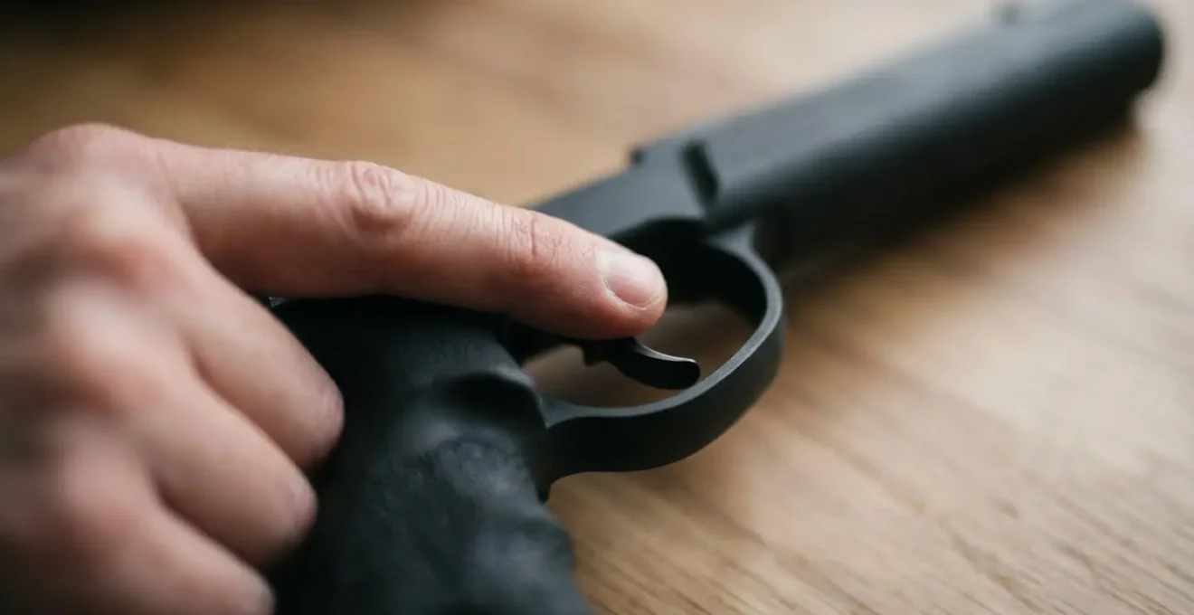 Gros plan sur la main d'un tireur et la détente d'un pistolet de précision