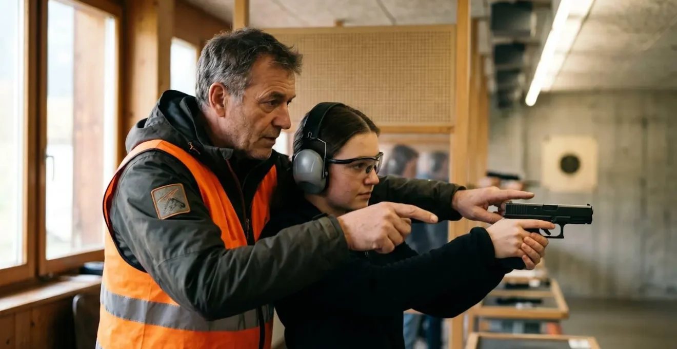Maître de tir supervisant un tireur débutant dans un stand de tir suisse