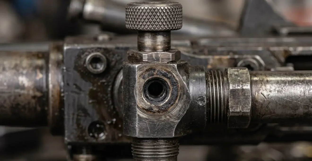 Vue macro détaillée du mécanisme de piston à gaz d'un Fass 90 montrant les deux positions de réglage