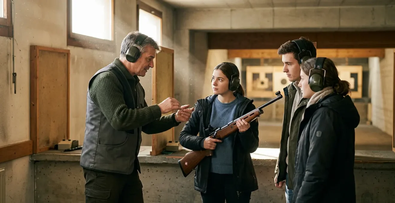Moniteur de tir FST en formation avec élèves au stand de tir en Suisse
