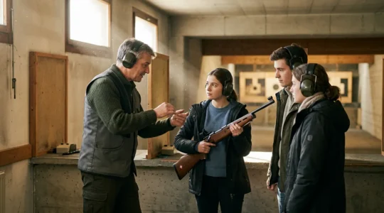 Moniteur de tir FST en formation avec élèves au stand de tir en Suisse