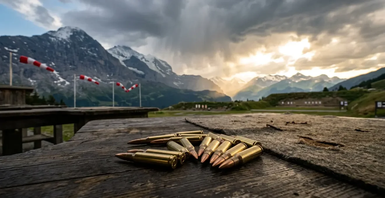 Munitions GP90 5.6mm disposées sur un pas de tir avec conditions météorologiques variables en arrière-plan