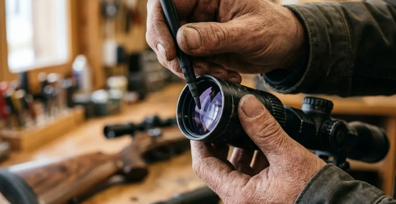 Main d'un tireur tenant un stylo carbone pour nettoyer une lunette de visée montée sur carabine de précision