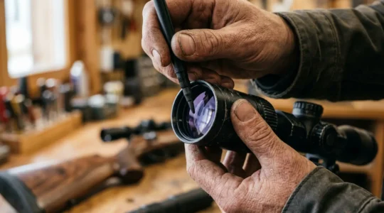 Main d'un tireur tenant un stylo carbone pour nettoyer une lunette de visée montée sur carabine de précision