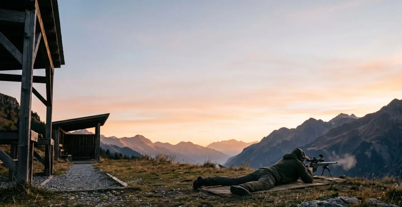 Vue large d'un stand de tir suisse en extérieur avec tireur en position couchée dans l'espace négatif