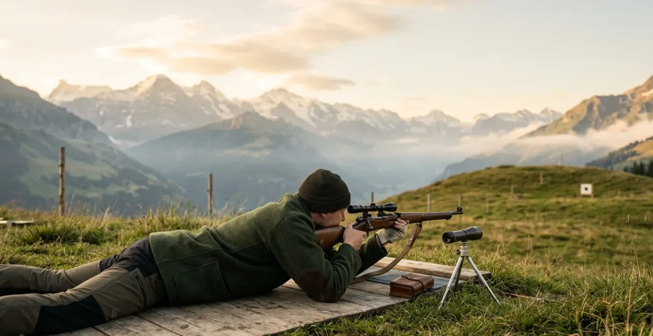 Tireur sportif concentré en position couché au stand de tir extérieur avec fusil 300m