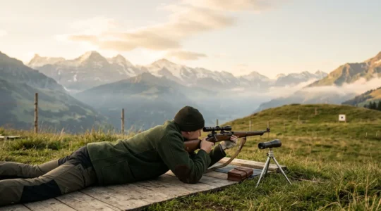 Tireur sportif concentré en position couché au stand de tir extérieur avec fusil 300m
