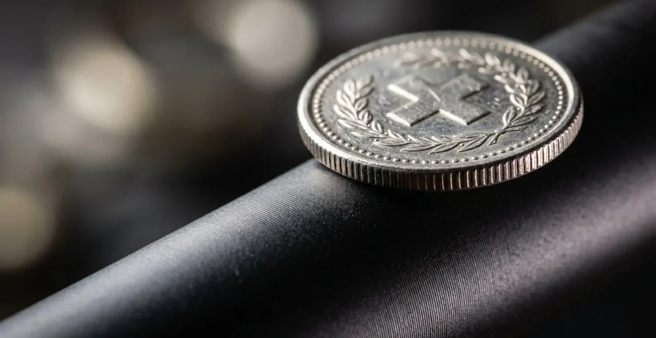 Gros plan sur une pièce de 5 centimes suisse en équilibre parfait sur le canon d'un fusil d'assaut, éclairage dramatique