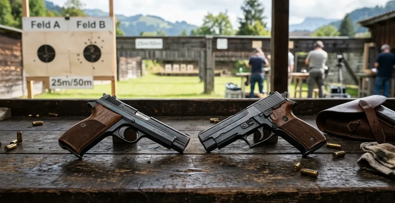 Pistolet Sig P210 et P220 posés sur une table de stand de tir suisse avec cible C50 en arrière-plan