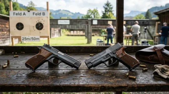 Pistolet Sig P210 et P220 posés sur une table de stand de tir suisse avec cible C50 en arrière-plan