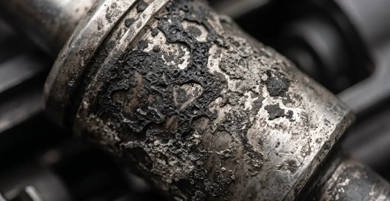 Vue macro extrême d'un piston à gaz montrant l'accumulation de résidus de carbone avec texture détaillée