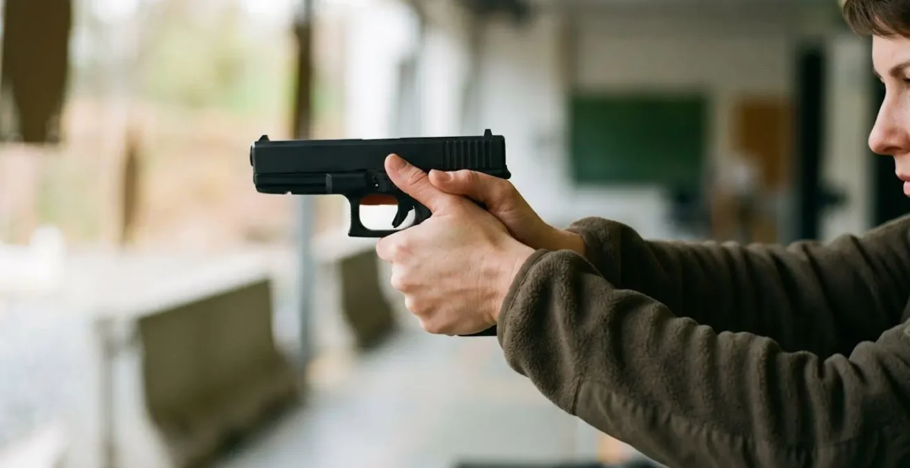 Mains tenant correctement un pistolet P210 avec position basse évitant la morsure du chien