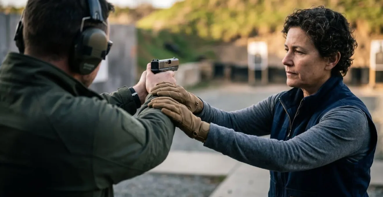 Approche sécurisée d'un tireur en incident de tir avec arme pointée vers la cible