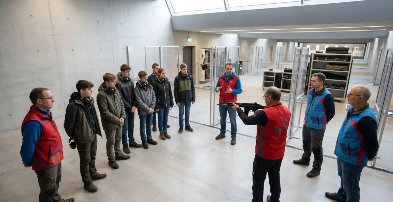 Moniteurs de tir supervisant un groupe de jeunes tireurs dans un stand sécurisé, illustrant le haut niveau d'encadrement.