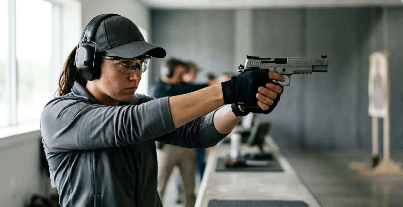 Tireur sportif en position de concentration maximale visant une cible 10m avec une arme de précision dans un stand de tir moderne