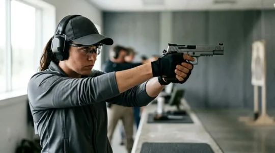 Tireur sportif en position de concentration maximale visant une cible 10m avec une arme de précision dans un stand de tir moderne
