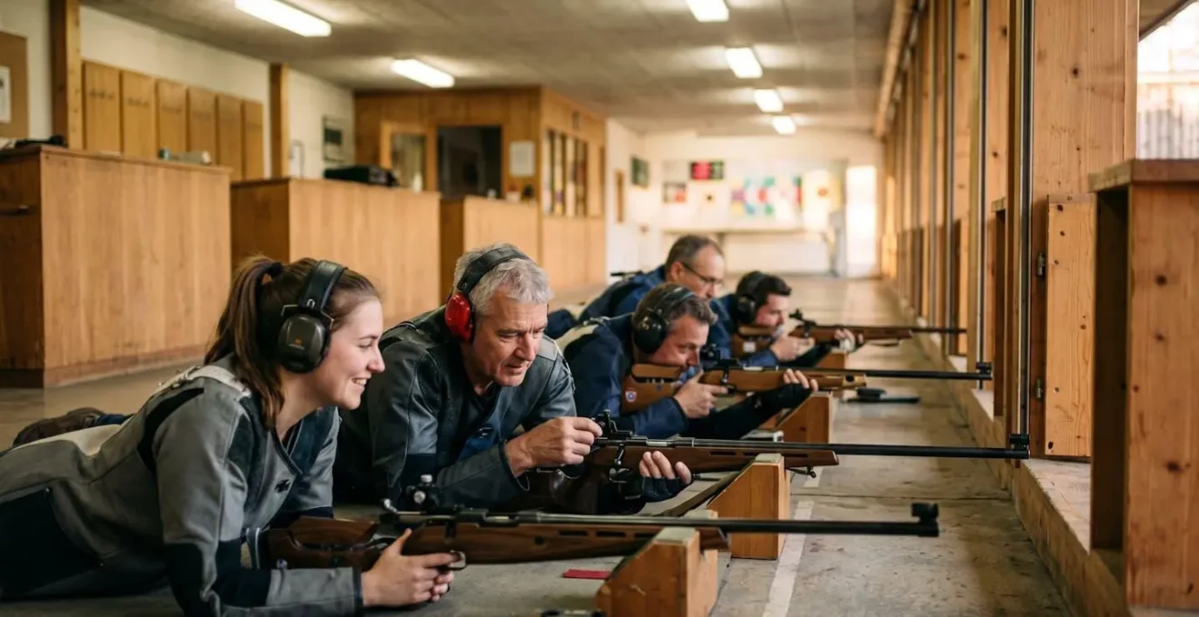 Groupe de tireurs suisses à l'entraînement collectif dans un stand de tir traditionnel