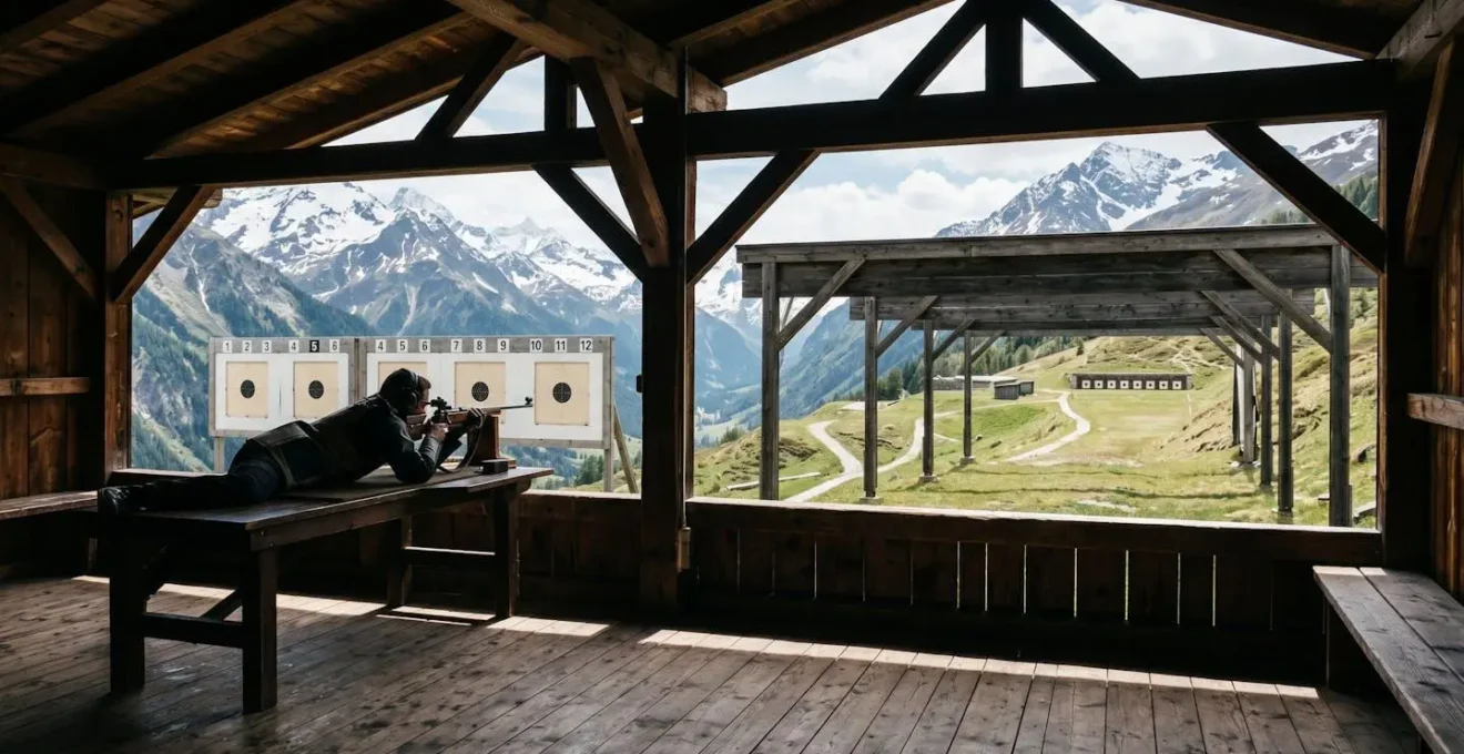 Vue large d'un stand de tir 300m en montagne suisse avec tireur en position