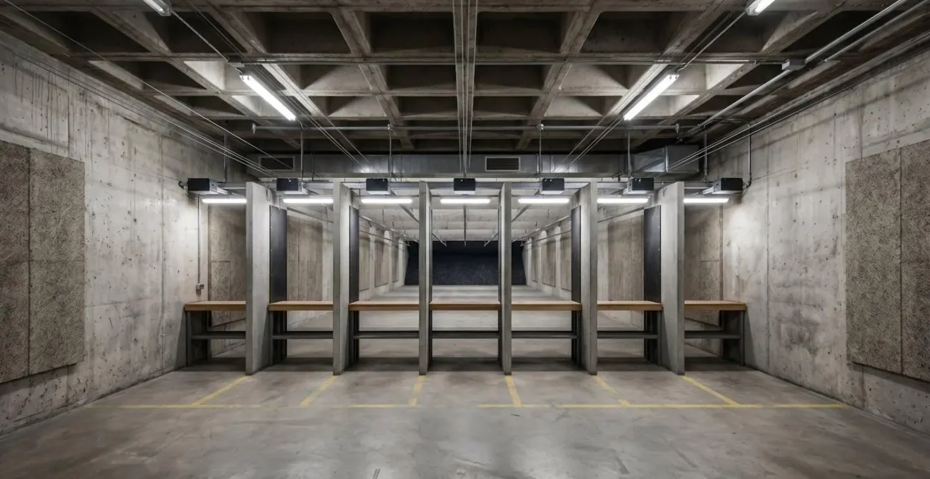 Stand de tir intérieur montrant les réverbérations sonores sur les murs en béton