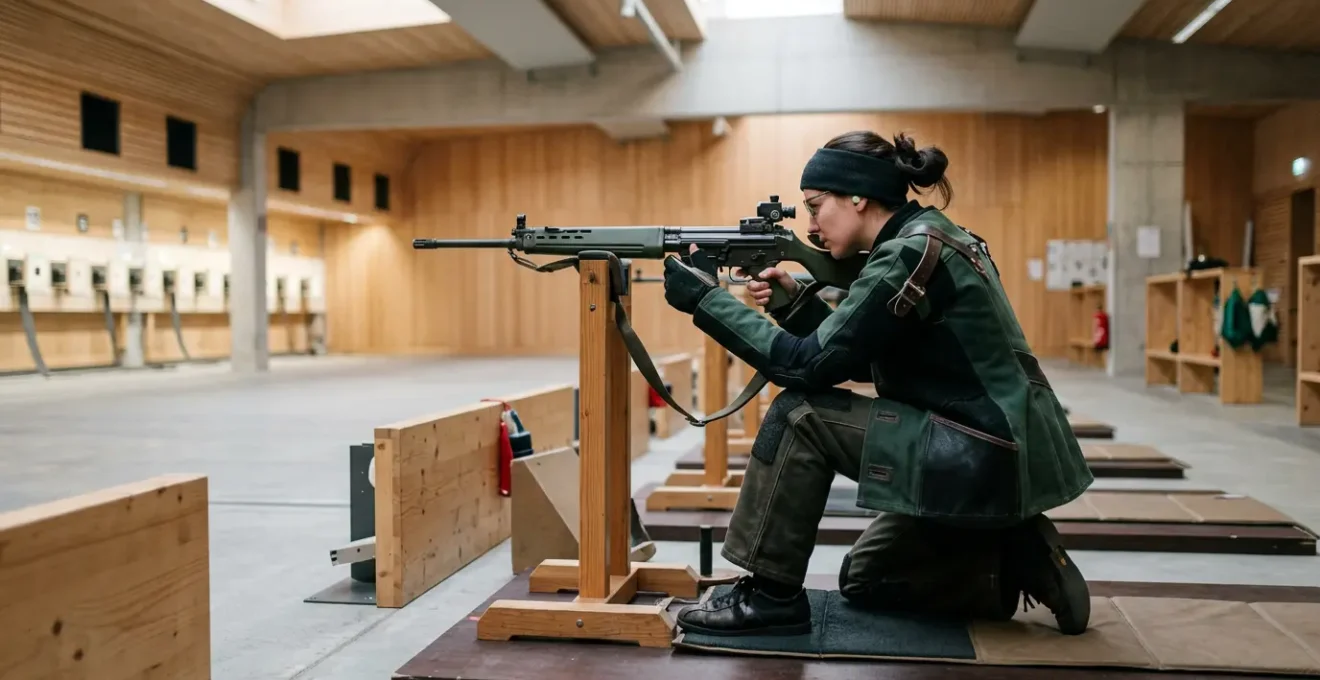 Tireur sportif suisse en position de tir concentré sur sa cible dans un stand moderne