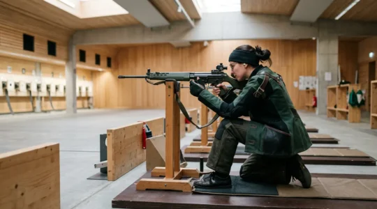 Tireur sportif suisse en position de tir concentré sur sa cible dans un stand moderne