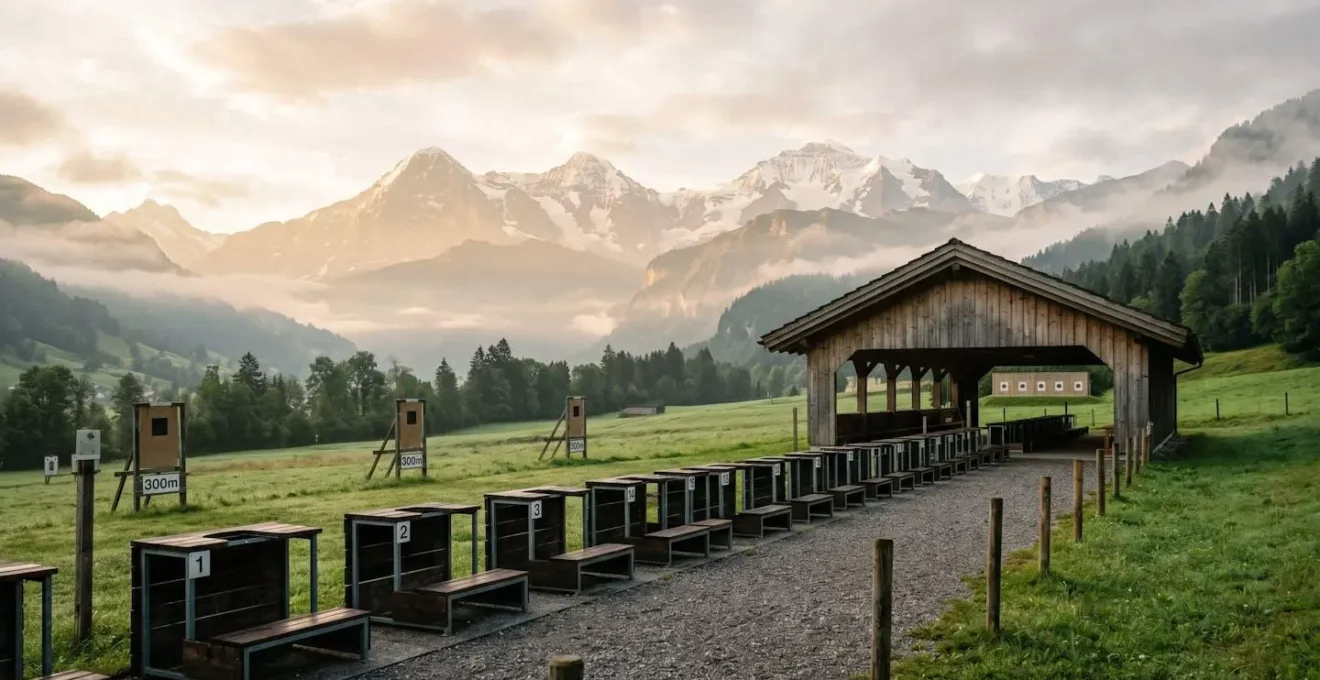 Stand de tir suisse paisible en début de matinée avec vue sur les montagnes