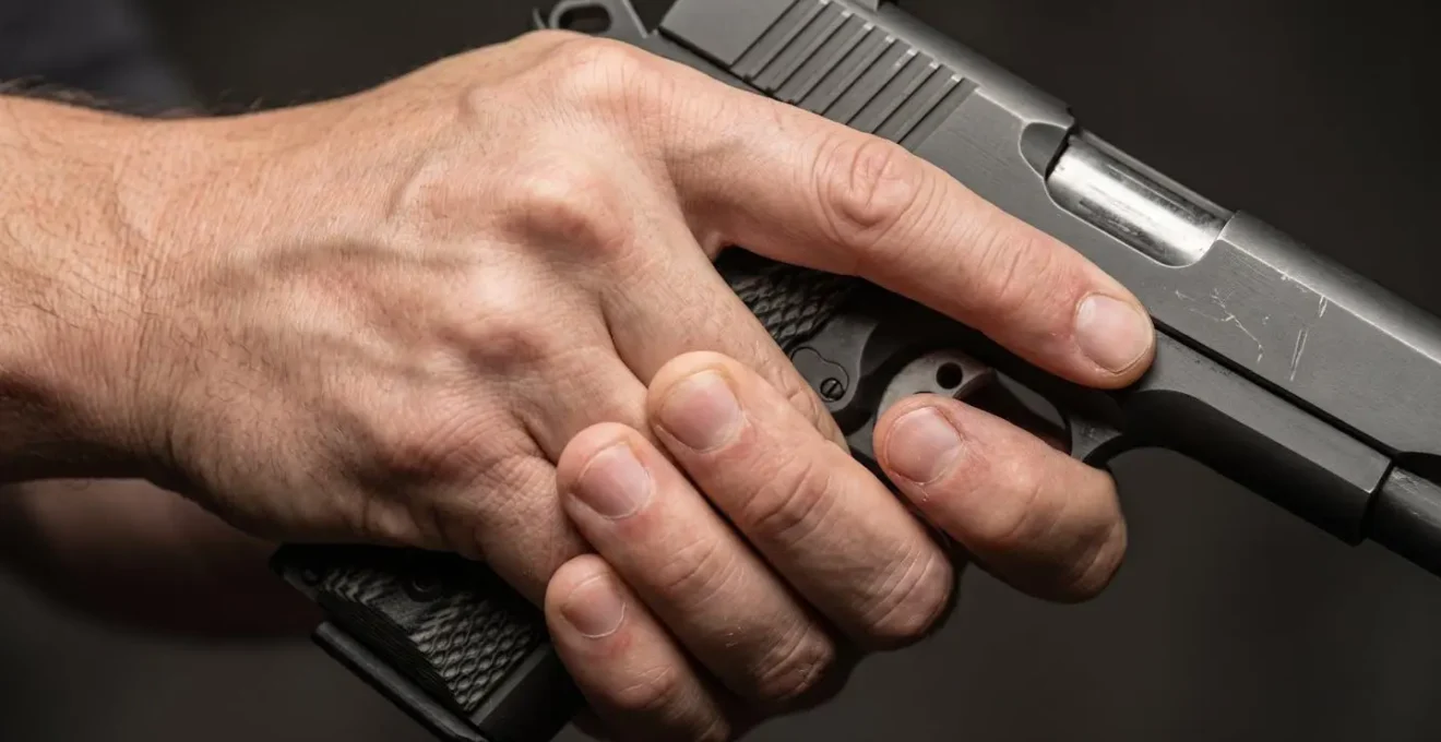 Gros plan sur les mains d'un tireur montrant la prise isométrique et la traction de la main faible