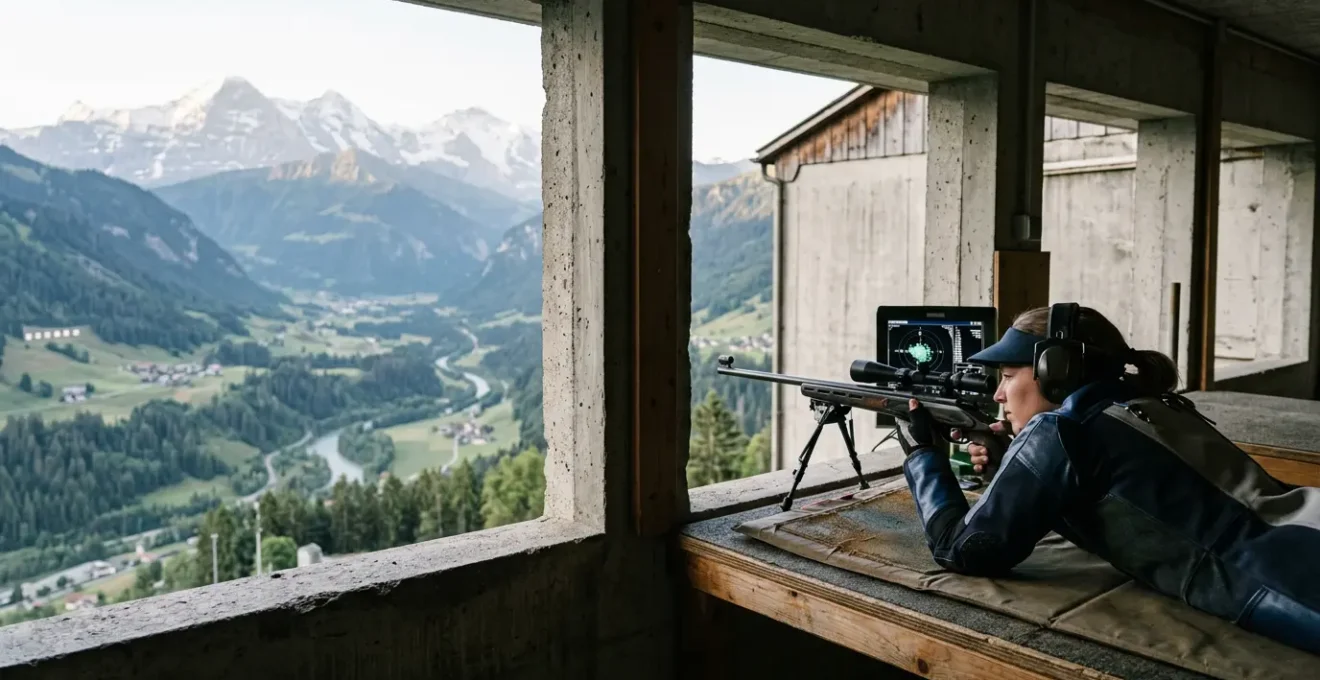 Tireur sportif analysant les données sur un moniteur de cible électronique dans un stand de tir suisse