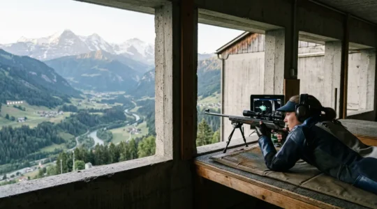 Tireur sportif analysant les données sur un moniteur de cible électronique dans un stand de tir suisse
