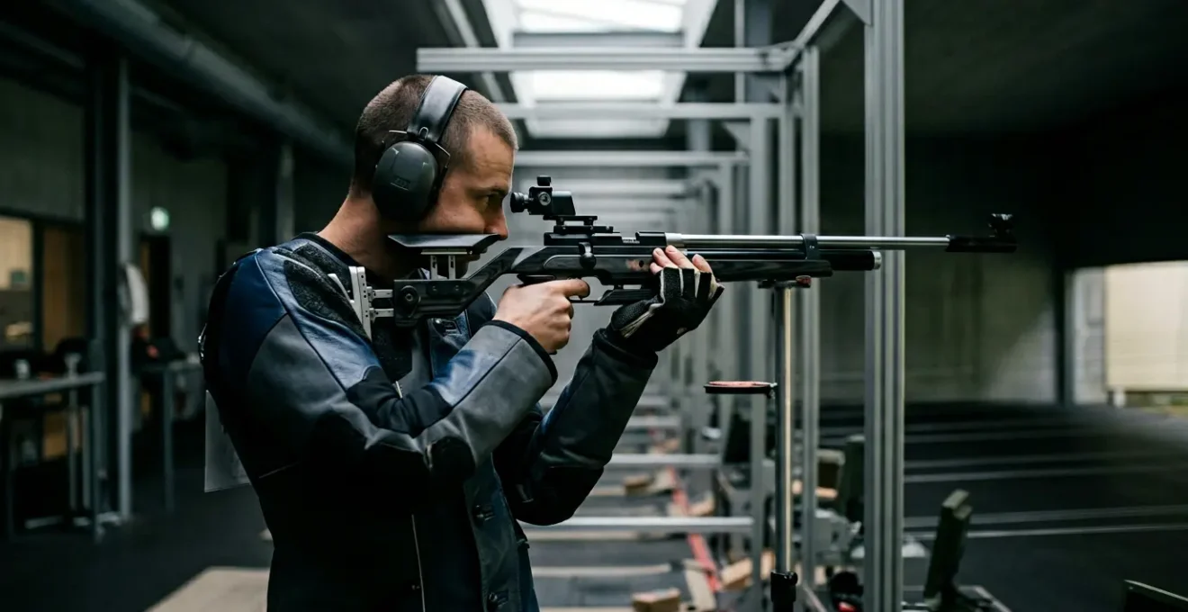 Tireur sportif suisse en position de tir dans un stand moderne avec cibles électroniques