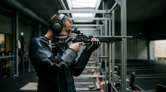 Tireur sportif suisse en position de tir dans un stand moderne avec cibles électroniques