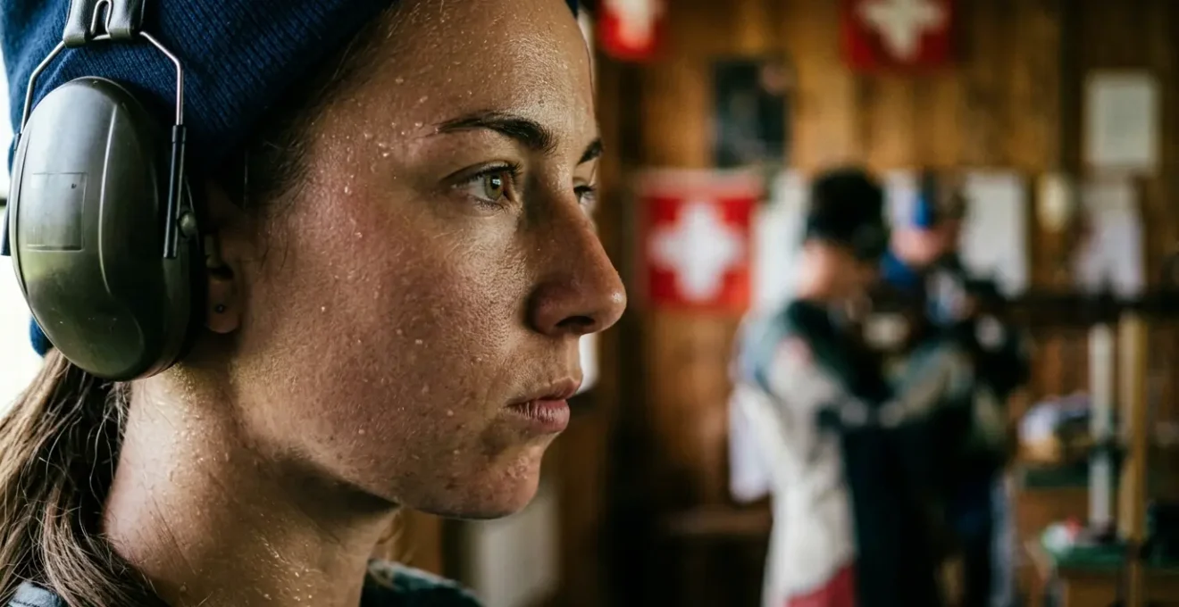 Tireur sportif suisse en position de concentration maximale pendant une compétition