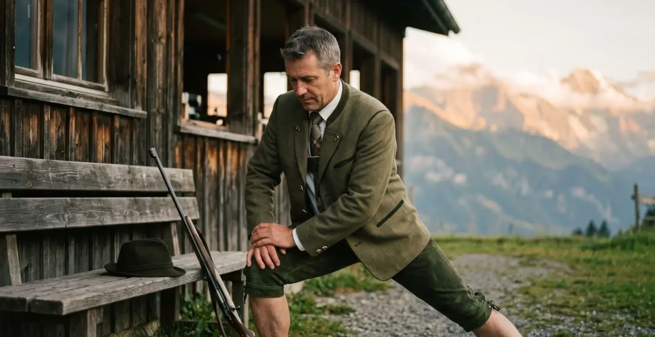 Tireur sportif effectuant des étirements de préparation à l'extérieur d'un stand de tir suisse