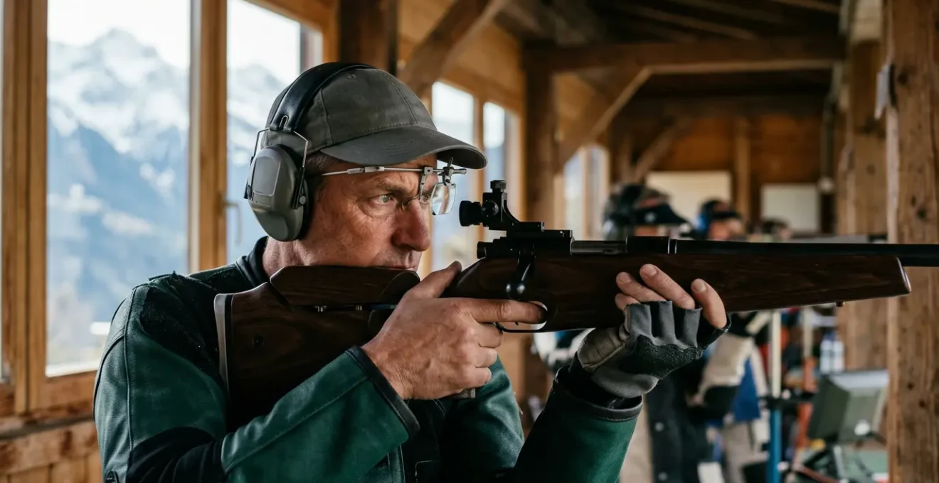 Un tireur sportif en position de tir, concentré sur l'alignement de ses organes de visée avec la cible