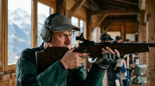 Un tireur sportif en position de tir, concentré sur l'alignement de ses organes de visée avec la cible