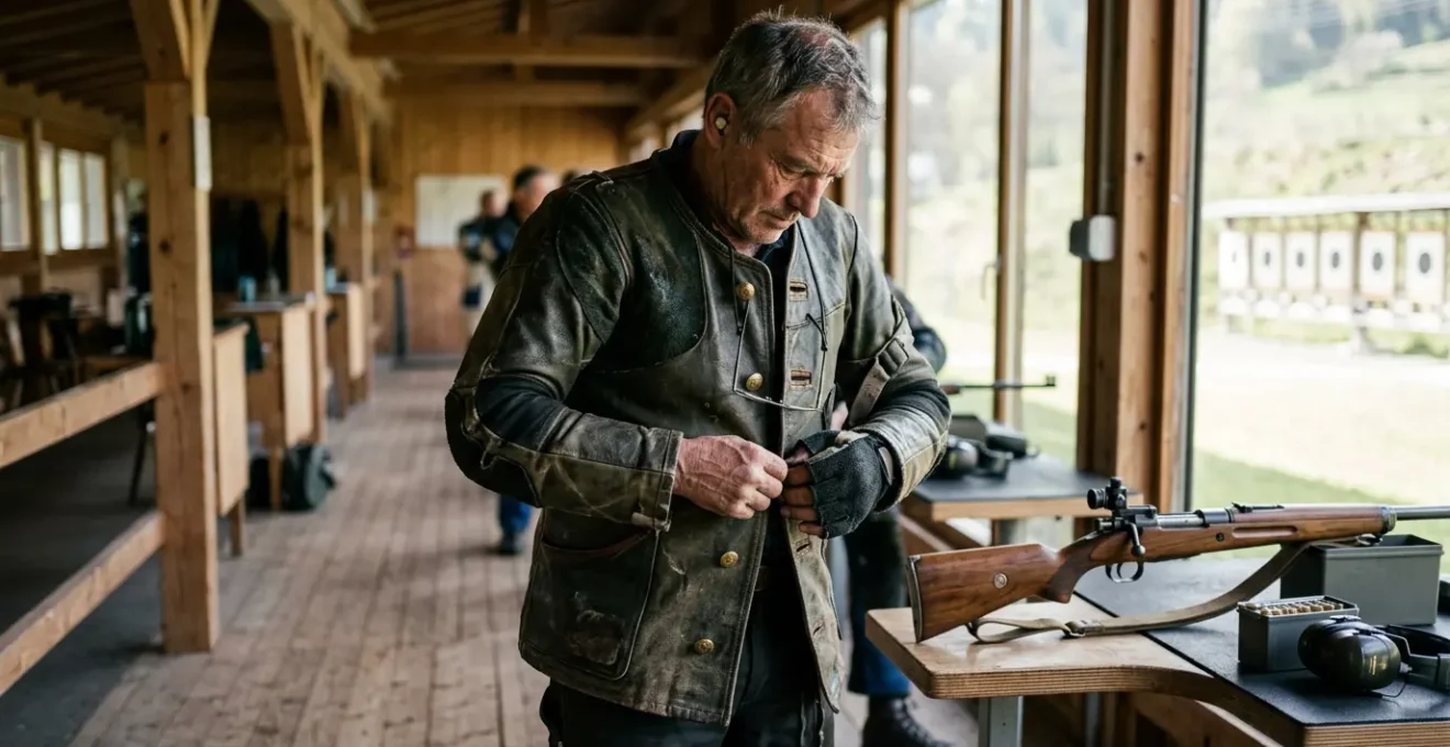 Tireur sportif ajustant sa veste de tir dans un stand de tir suisse, avec une carabine posée sur un support