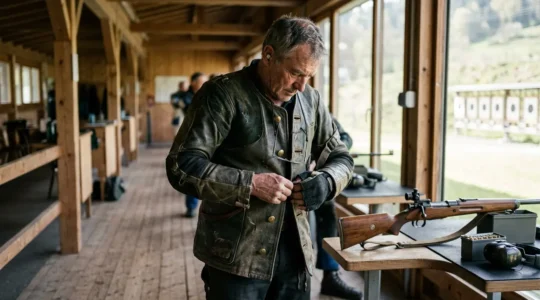Tireur sportif ajustant sa veste de tir dans un stand de tir suisse, avec une carabine posée sur un support