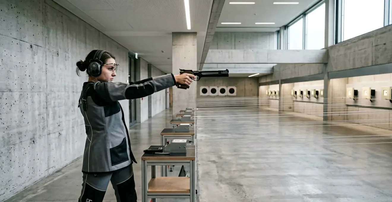 Tireur sportif avec casque antibruit et lunettes de protection dans un stand de tir intérieur moderne en Suisse