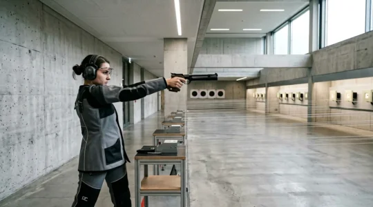 Tireur sportif avec casque antibruit et lunettes de protection dans un stand de tir intérieur moderne en Suisse