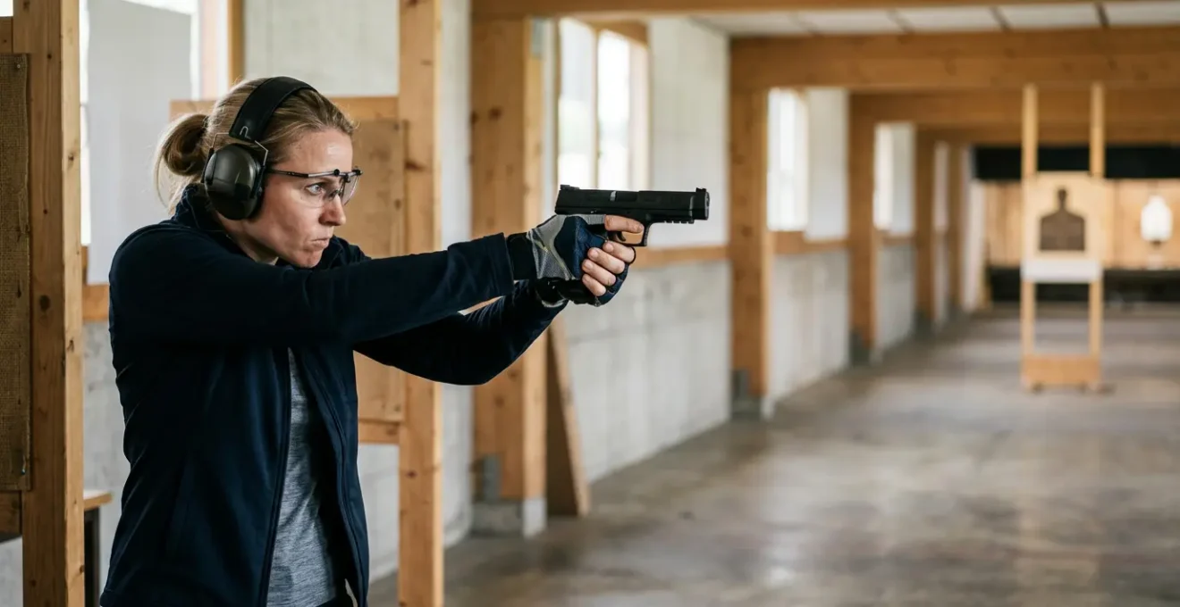 Tireur sportif en position de tir rapide avec focus sur la posture et la concentration