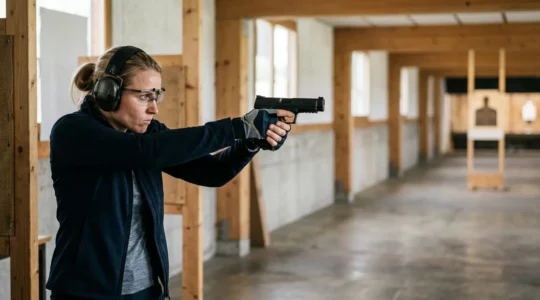 Tireur sportif en position de tir rapide avec focus sur la posture et la concentration