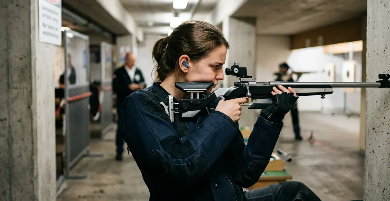 Tireur sportif concentré en position de tir dans un stand professionnel avec équipement de protection auditive