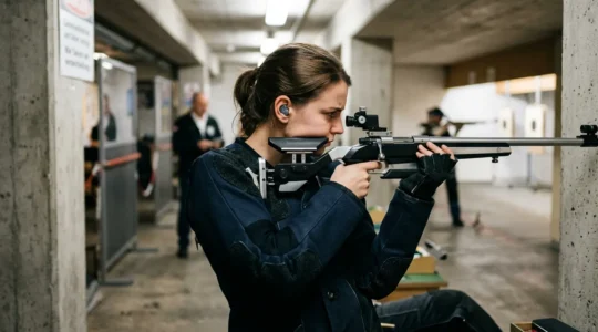 Tireur sportif concentré en position de tir dans un stand professionnel avec équipement de protection auditive