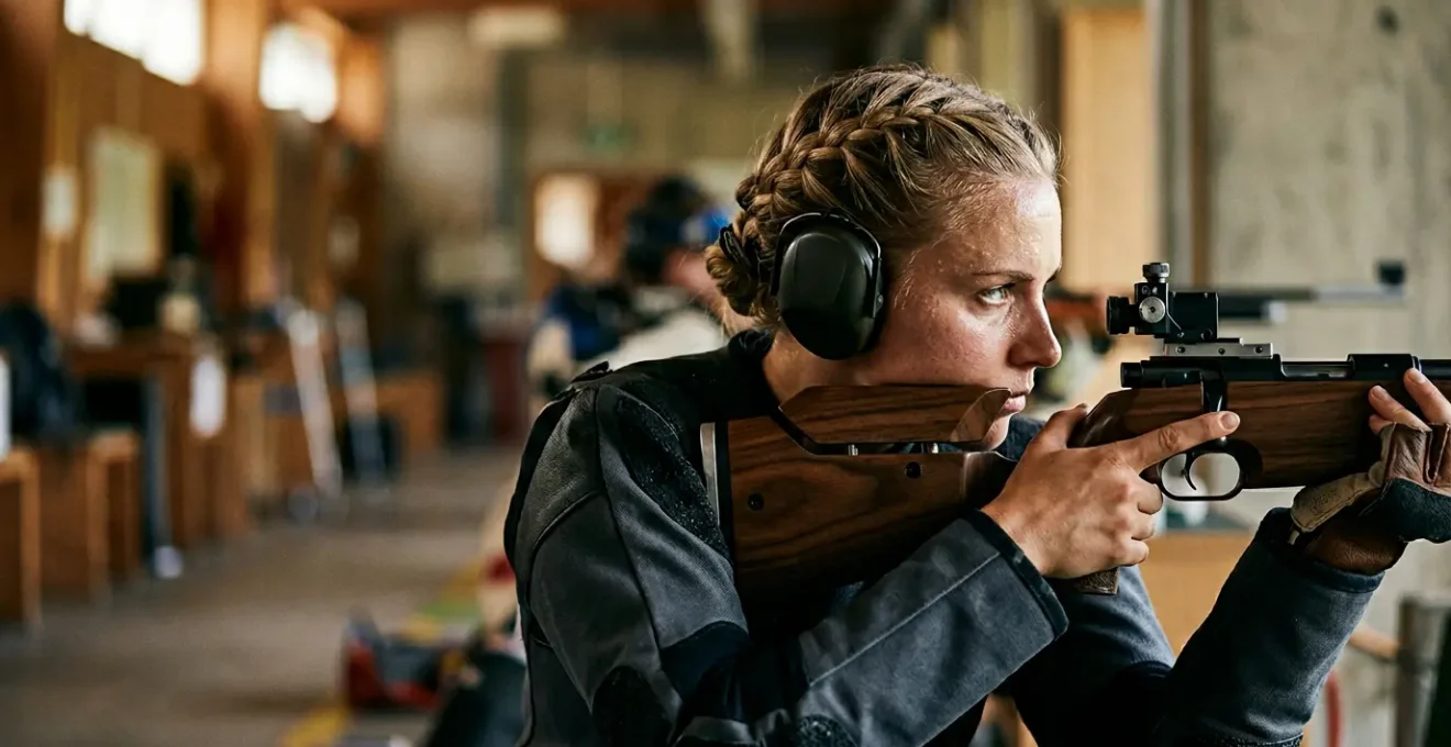 Tireur sportif en pleine concentration lors de la visée, illustrant le contrôle mental et la technique du lâcher