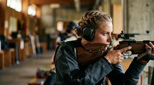 Tireur sportif en pleine concentration lors de la visée, illustrant le contrôle mental et la technique du lâcher
