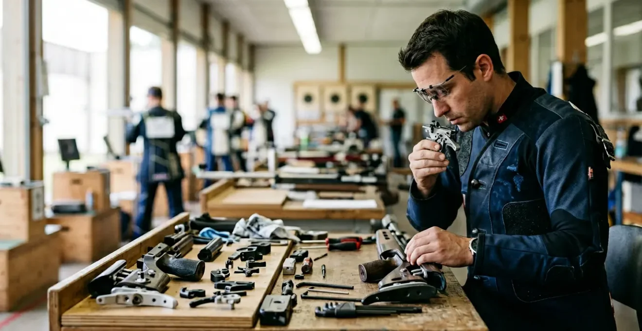 Un tireur sportif suisse vérifie méticuleusement son équipement de tir modifié dans un stand de tir