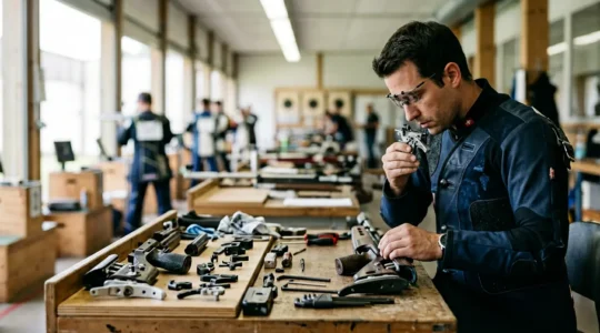 Un tireur sportif suisse vérifie méticuleusement son équipement de tir modifié dans un stand de tir
