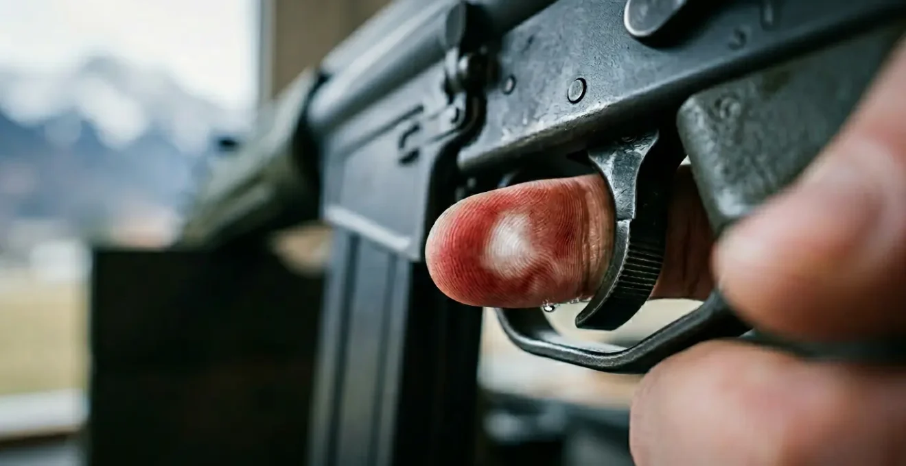 Gros plan sur la main d'un tireur sportif au moment précis du contact avec la détente d'un fusil d'assaut Fass90 suisse