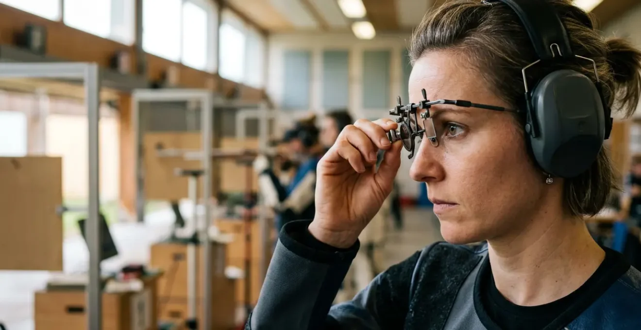 Tireur sportif ajustant des lunettes de tir spécialisées sur un stand
