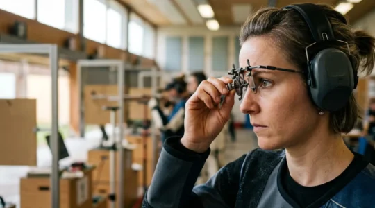 Tireur sportif ajustant des lunettes de tir spécialisées sur un stand